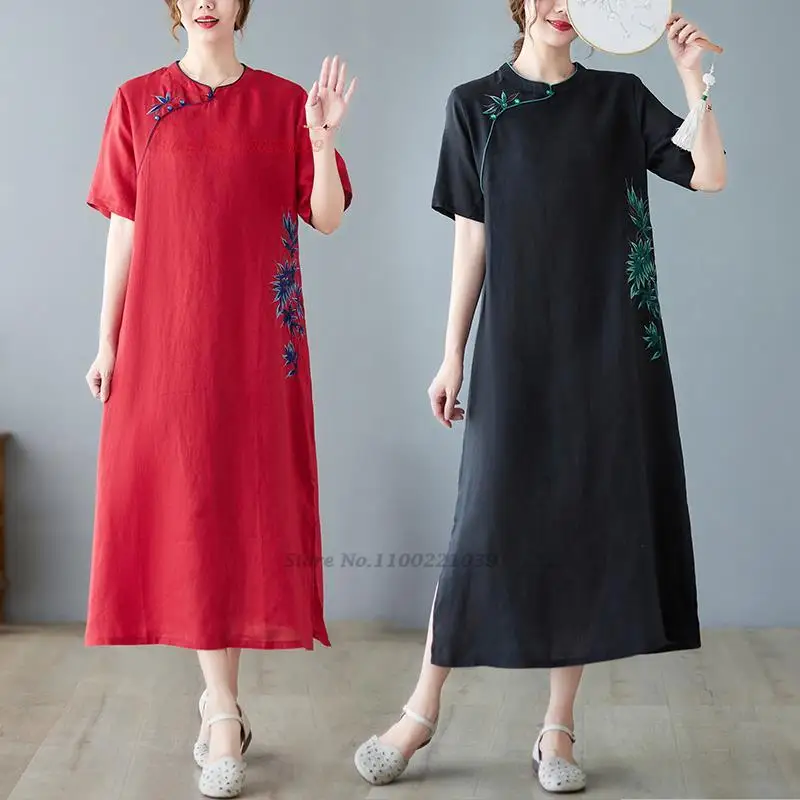 

2024 chinese vintage dress improved qipao national flower embroidery qipao dress cotton linen cheongsam oriental folk dress