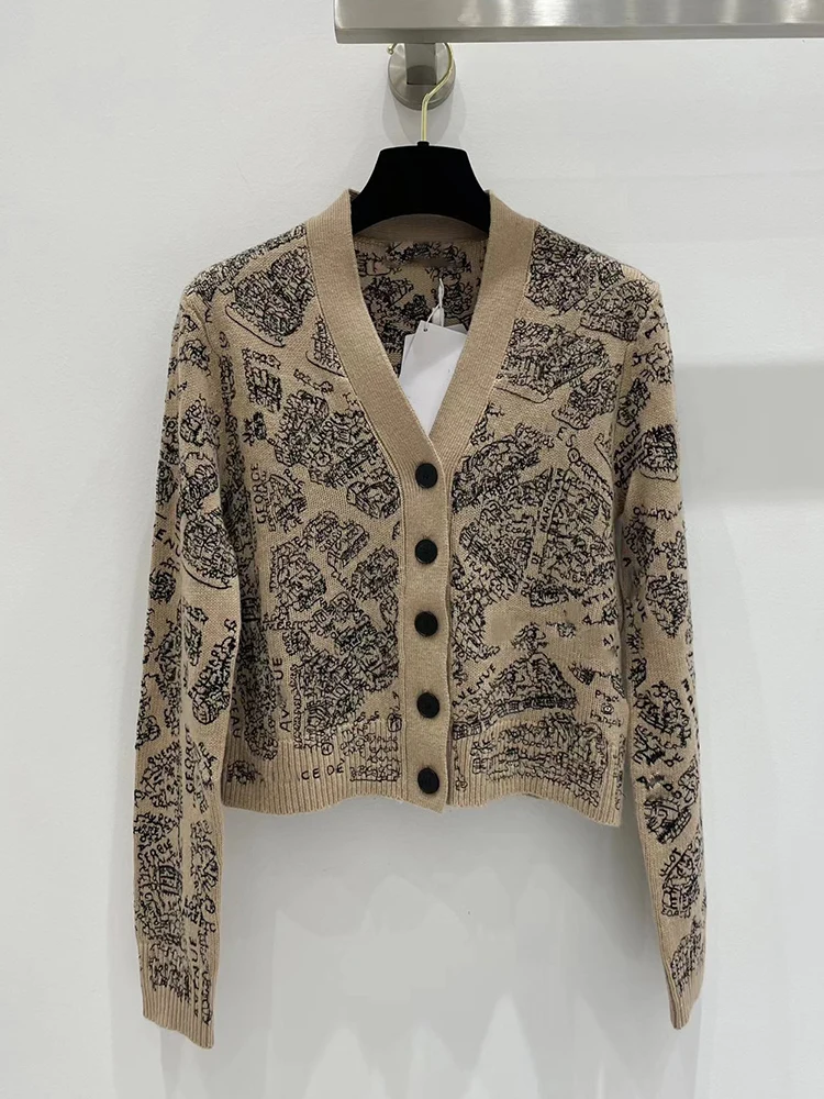 

Vintage Embroidery Paris map V-neck cashmere Cardigan Coat Women's new autumn-winter fashion luxury all-match sweater coat