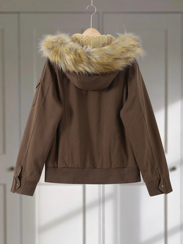 Damen-Bomberjacke mit Kapuze und Pelzkragen, Wintermantel, Herbst 2022, langärmelig, einreihig, gerüscht, Tops, schicke Damen-Oberbekleidung – Detail 4