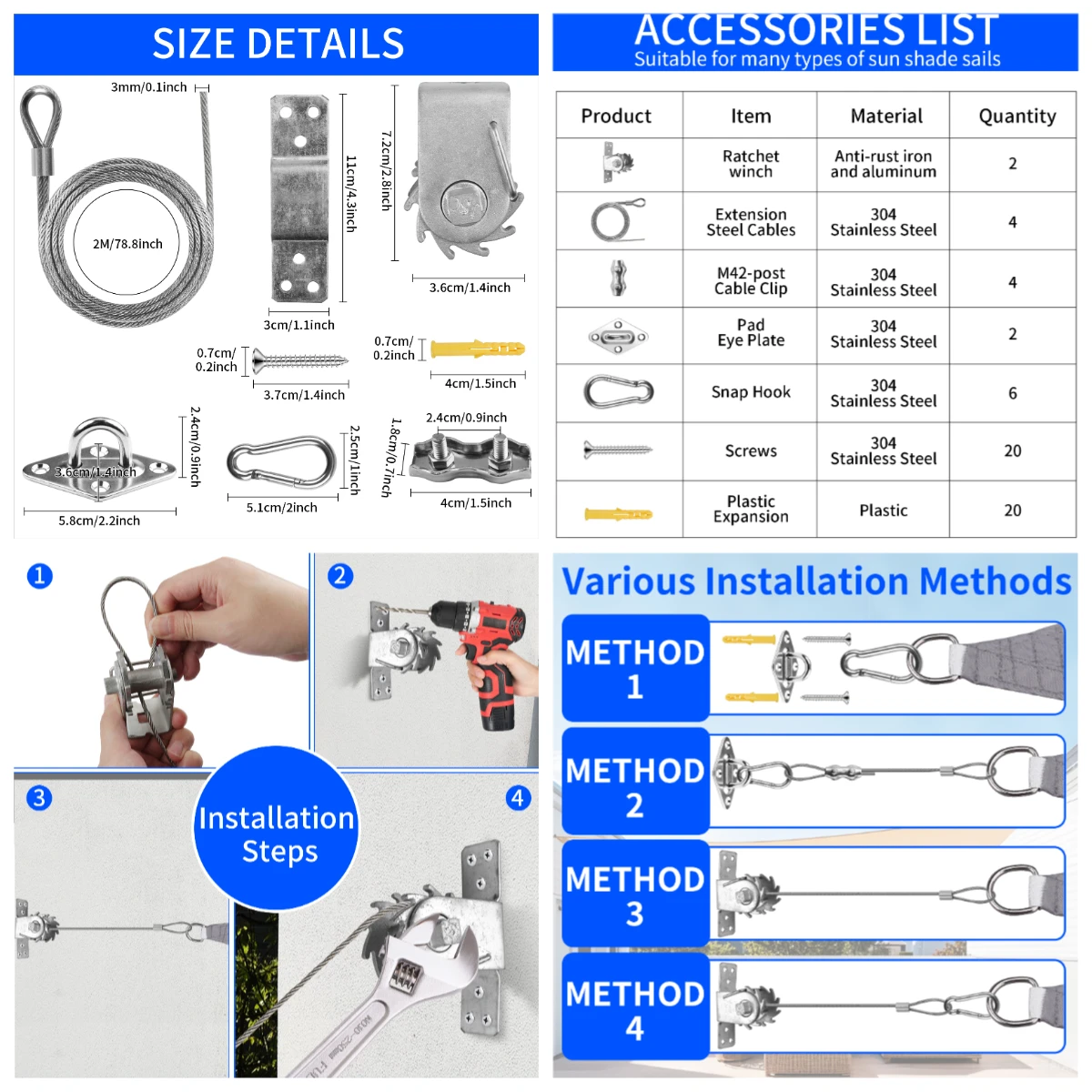 Stainless Steel Shade Sail Wire Kit Plant Training Garden Wire Rope Kit for Sun Shelter 2mm Stainless Steel Canopy Hanging Ropes sun shade hardware kit
