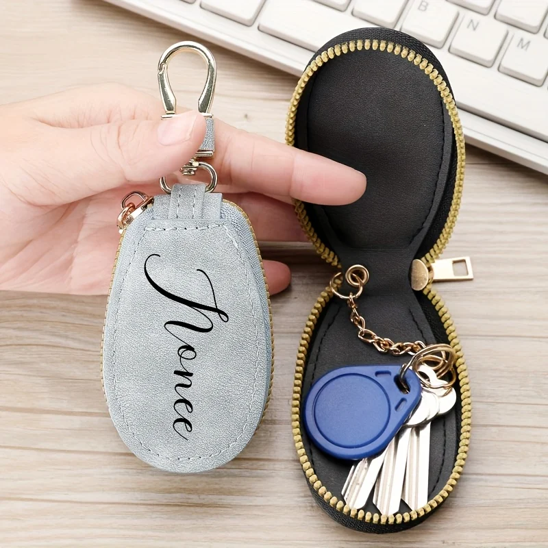 Custom Name Text Keychain with Zipper PU Leather Key Holder - Perfect Gift