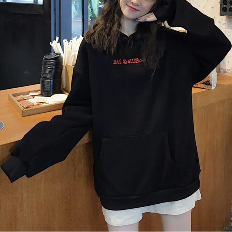 Harajuku Hoodies Girl Little Devil Horns Gothic Hooded Sweatshirts Women Demon Fly Wings Loose Pullovers Pocket Tops Streetwear black hoodie