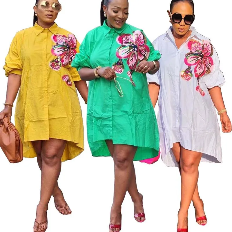 

Large Size Loose Fitting Sequin Embroidery Large Flower Casual Women's Lantern Sleeves Medium Length Shirt Dress