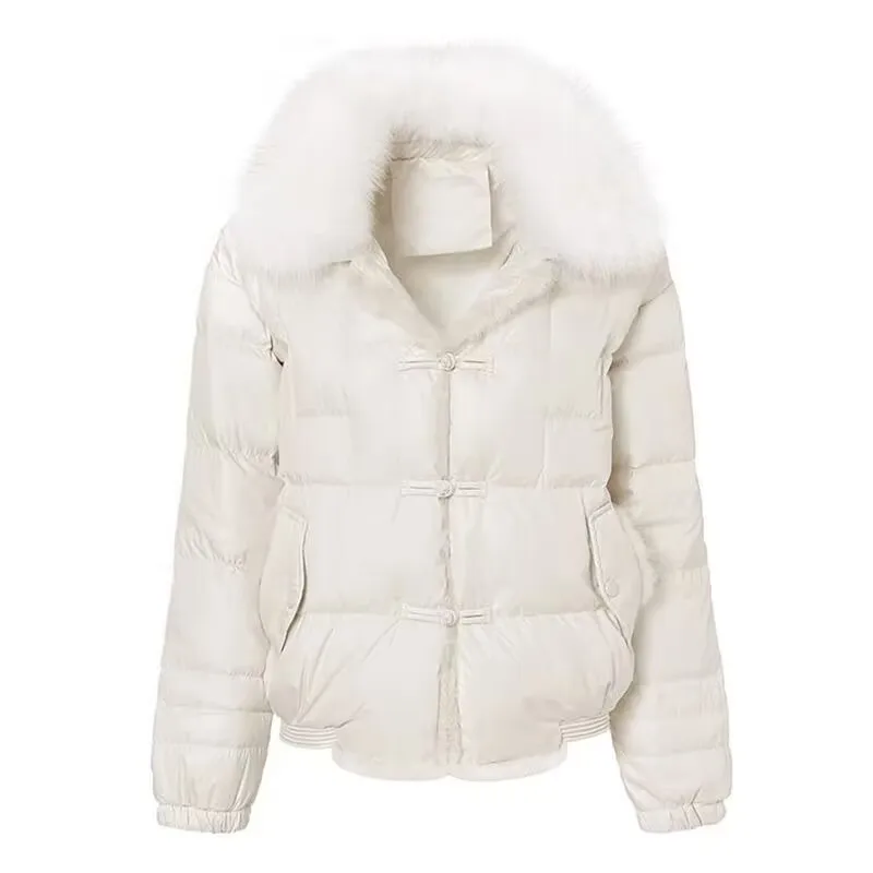 2023 Winter Women Faux Fox Fur Collar coat Short Warm Puffer Coat Female casual Loose Vintage Parkas 90%White Duck Down Jacket