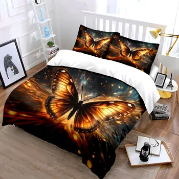 Golden Butterfly Bedding Set 3PC Magical Glowing Wings Print Duvet Cover with Pillowcases Art Style Bedding for Bedroom Decor 1