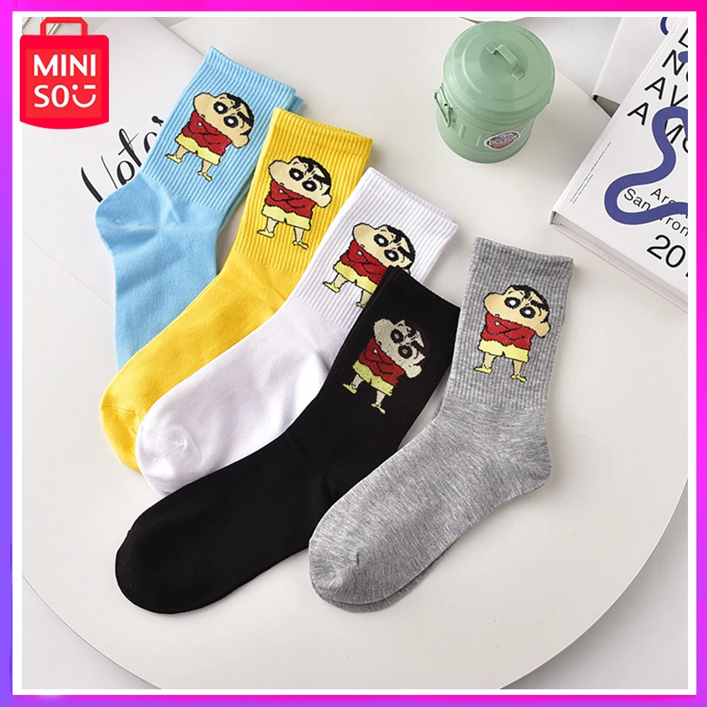 

2024 Miniso Crayon Shin Chan Cartoon Solid Color Printed Couple Sports Mid Tube Socks Women Kawaii New Year Birthday Girl Gift