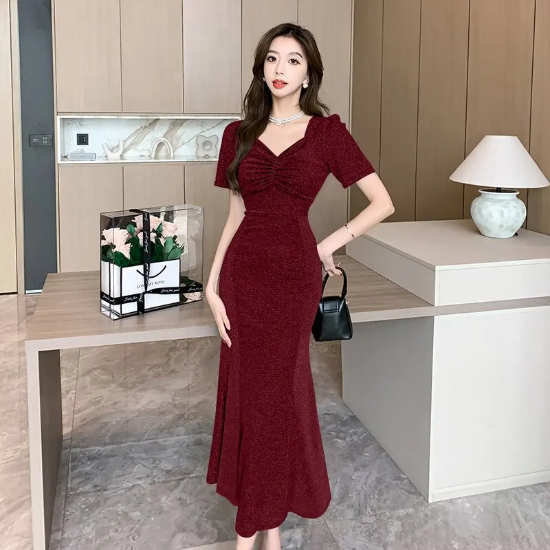 

Женское платье 2024, модные однотонные шифоновые платья с воланом, рукавом до локтя, высокой талией и V-образным вырезом, синие, красные, золотые, черные платья