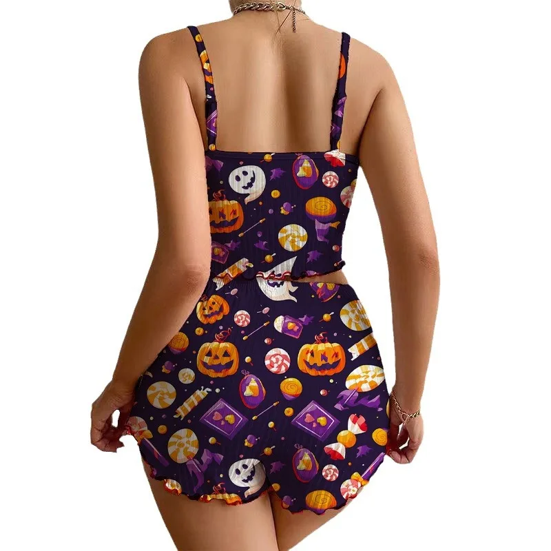 Halloween Pumpkin Print Pajama Set Womens Cute Ribbed Cami Crop Top and Shorts Two Piece Sleepwear Lettuce Hem Y2K Loungewear