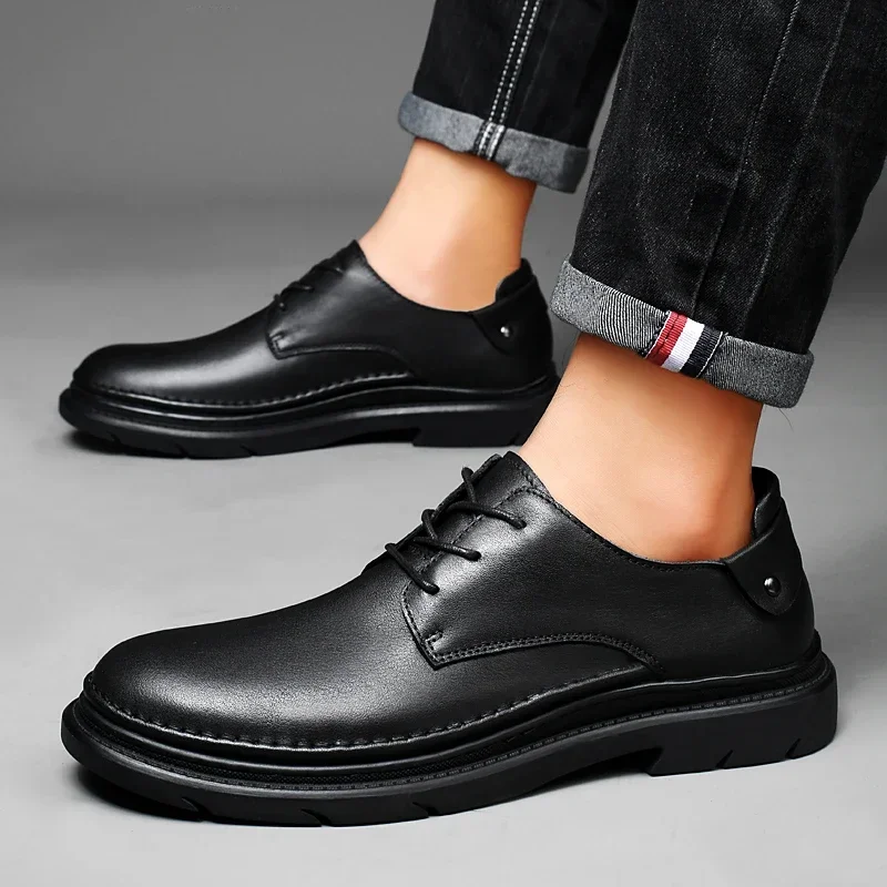 

2023 High Quality Men's Shoes Lace Up Leather Casual Shoes Spring and Autumn Round Toe Solid Platform Increase Height Loafers