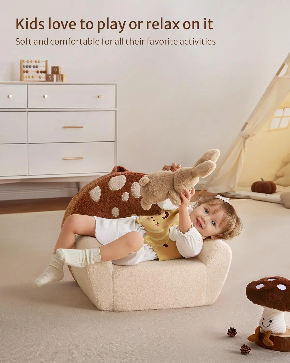 Foam Kids Chair with Soft Teddy Plush, Toddler Reading Armchair with Cute Mushroom Designs- Brown 5
