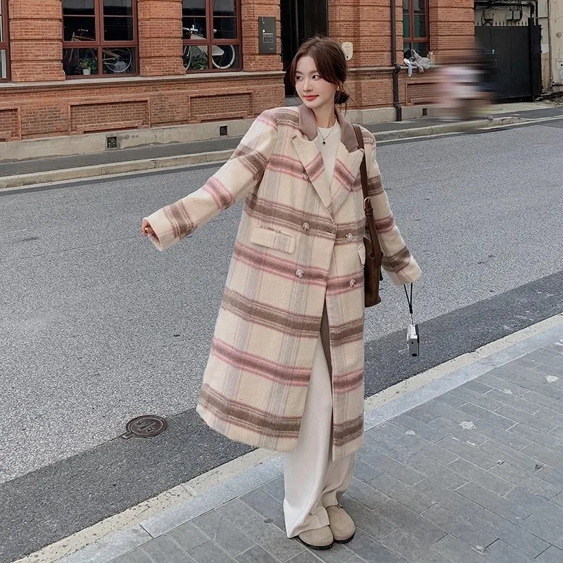Autumn and Winter New Blends Coats Women Plaid Loose Suit Collar Single-breasted Office Lady Medium-length Tweed Jackets Female