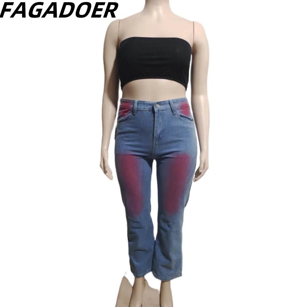 FAGADOER Fashion Streetwear Women Tie Dye Print Straight Denim Pants Casual High Waist Button Loose Jean Trousers Female Bottoms