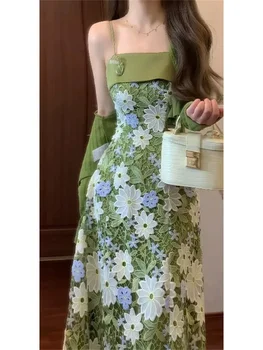 Mint Jasmine French Romantic Lace Hollow Green Strap Dress 1