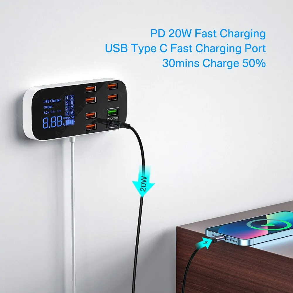 ASOMETECH Station Charge Rapide USB8Ports QC3.0 40W L=137mm l=75mm H=52mm Blanc