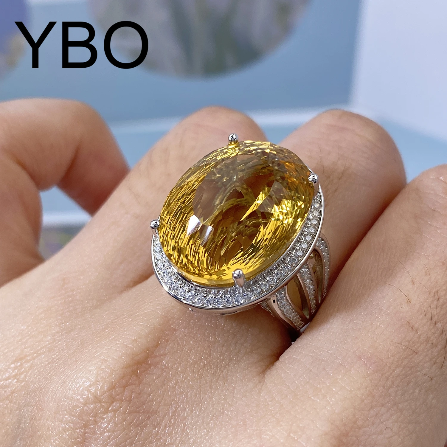 

YBO Gemstone Fine Jewelry Natural 20Ct Citrine cz Rings Women's 925 Sterling Silver Luxury Ring Wedding Party Dating Jewels Gift