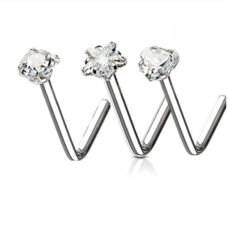 

50pcs/Lot Popular CZ Nose Stud L Shape Surgical Steel Nose Ring Nose Piercing Shine Heart/Round/Star 20Gx7x3mm