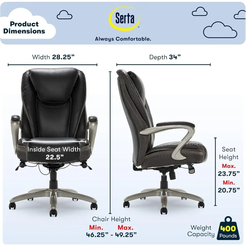 Serta® Smart Layers™ Hensley Big & Tall Ergonomic Bonded Leather High-Back Office Chair, Black/Silver 3