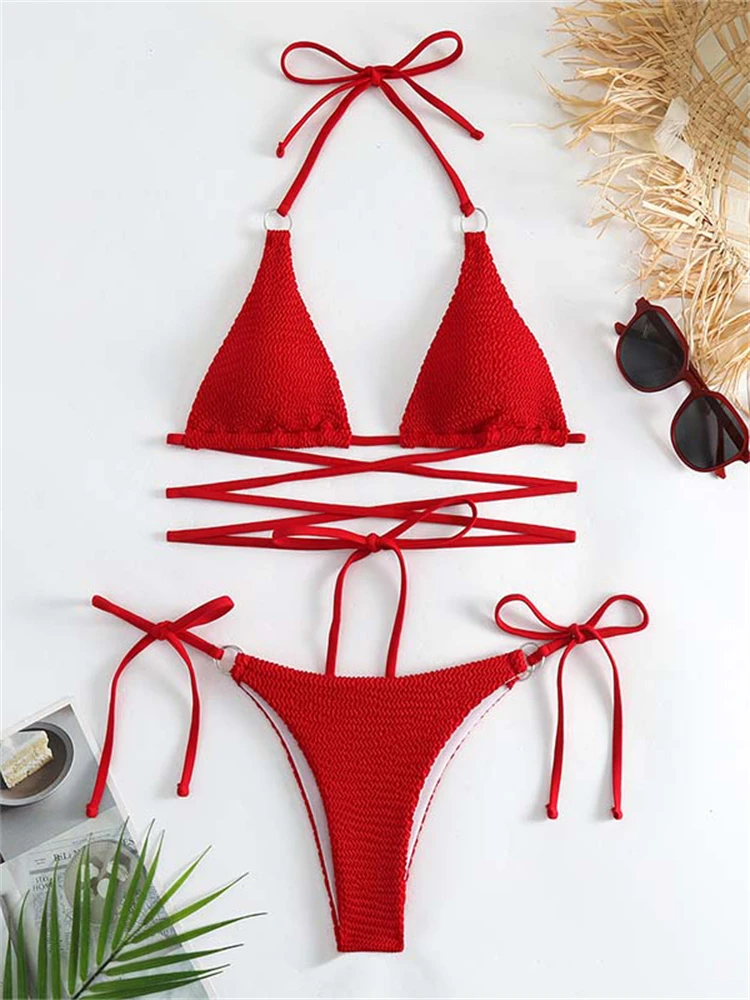 

Женский купальник бикини, новинка 2023, красный комплект бикини в рубчик на шнуровке, сексуальный купальник с открытой спиной, летний женский пляжный купальный костюм из двух предметов