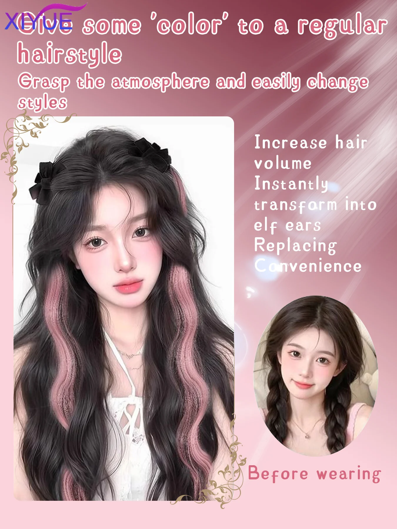 XIYUE 2PC Synthetic Bow Clip Water Ripple Braid Ponytail Women's Claw Clip Big wave ponytail Curly Hair For Women Daily Party