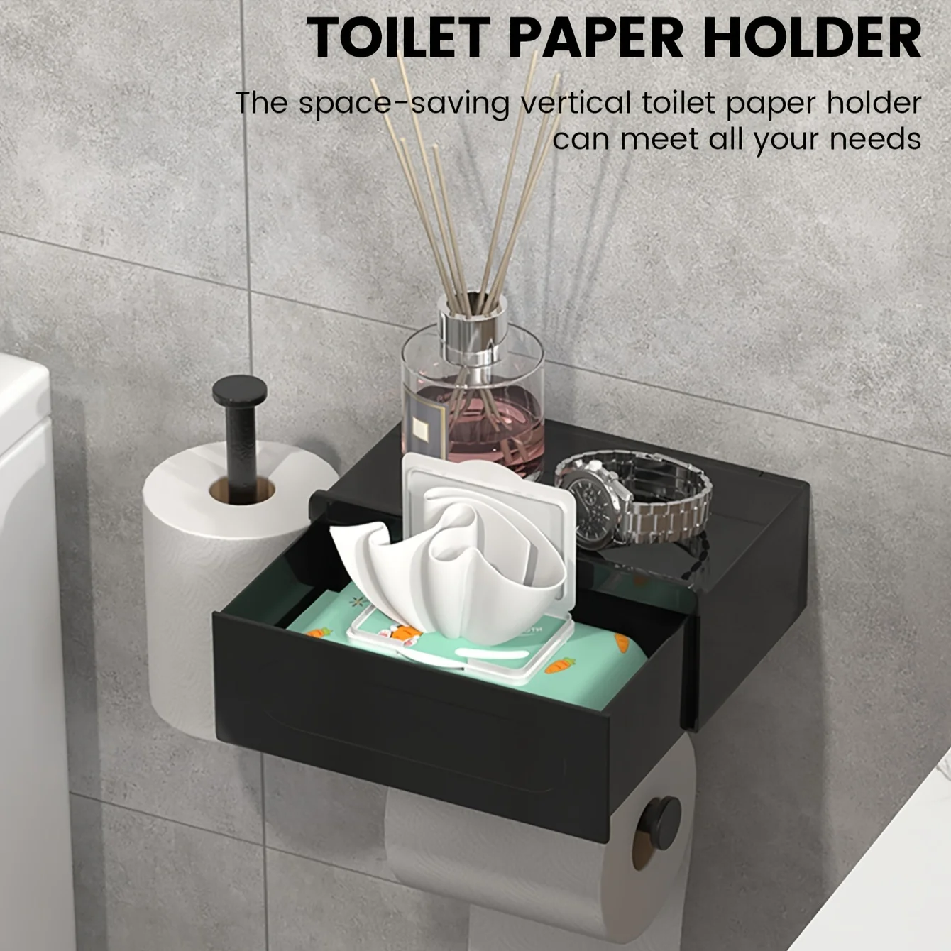 1pc Sleek Black Wall - Mounted Toilet Paper Holder with Shelf - No - Drill, Durable Bathroom Organizer for Essentials 3