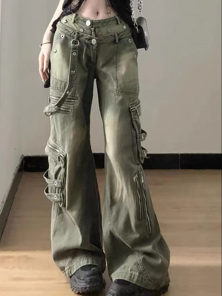 Women's Vintage Green Cargo Jeans Y2k 90s Aesthetic Baggy
