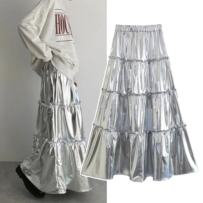 Women's Cake Skirt Silver Tiered Metallic Pleated Flowy A-Line Midi Skirt for Travel Party High Waist Y2K Long Dress polo silver metallic paperwhite серебряный