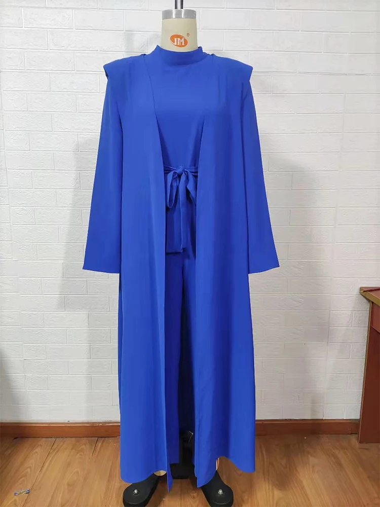 Cardigans Dubai  Islam Open Abaya Turkish Modest Outfits Solid Color Jumpsuit Fashion Blue Ramadan Eid Muslim Sets