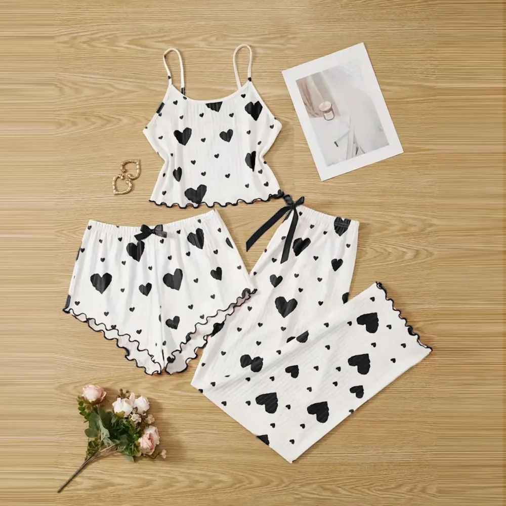 Womens 3 Piece Pajama Set Cute Heart Print Ribbed Cami Top Shorts Pants Sleepwear Loungewear Lettuce Trim Bow Valentines Gift