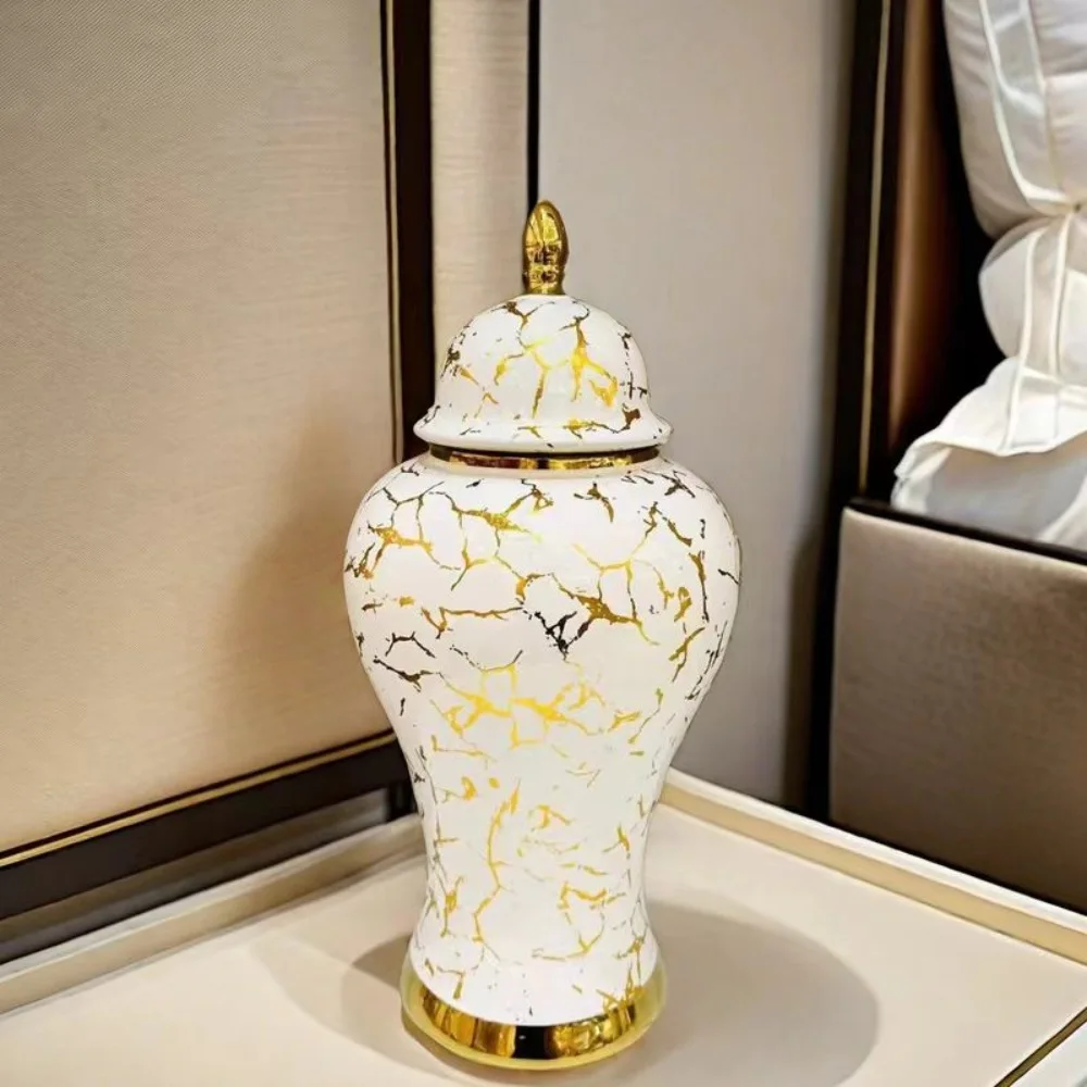 Gold Marble General Jar Porcelain Bottle Ginger Jar Ceramic Storage Tank White Gold Vase Flower Vase Home Decoration Accessories 5