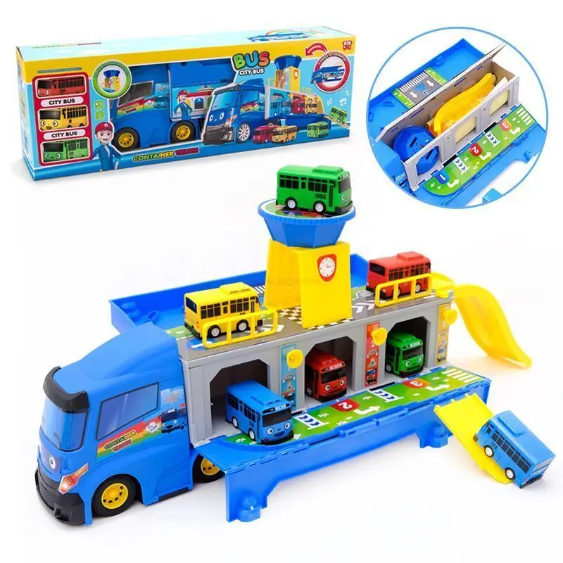 Simulation The Little Bus Container Truck Storage Box Parking Lot Cartoon Children Toys with 3 Pull Back Car Set Toys for Kids