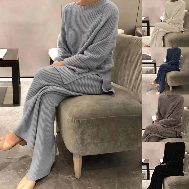  Two Piece Pants Outfits For Women Long Sleeve V Neck Knit  Sweater And Wide Leg Jogger Pants Plain Loungewear Sets Sweatsuits Womens  Outfits Dressy Casual (Beige,One Size) : Clothing, Shoes 