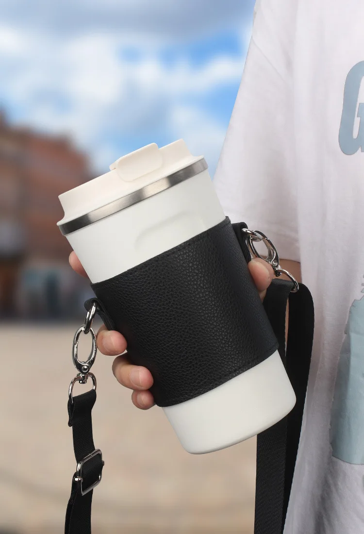 LEATHER Reusable Cupholder & Chain Handmade Coffee Cup -  Israel