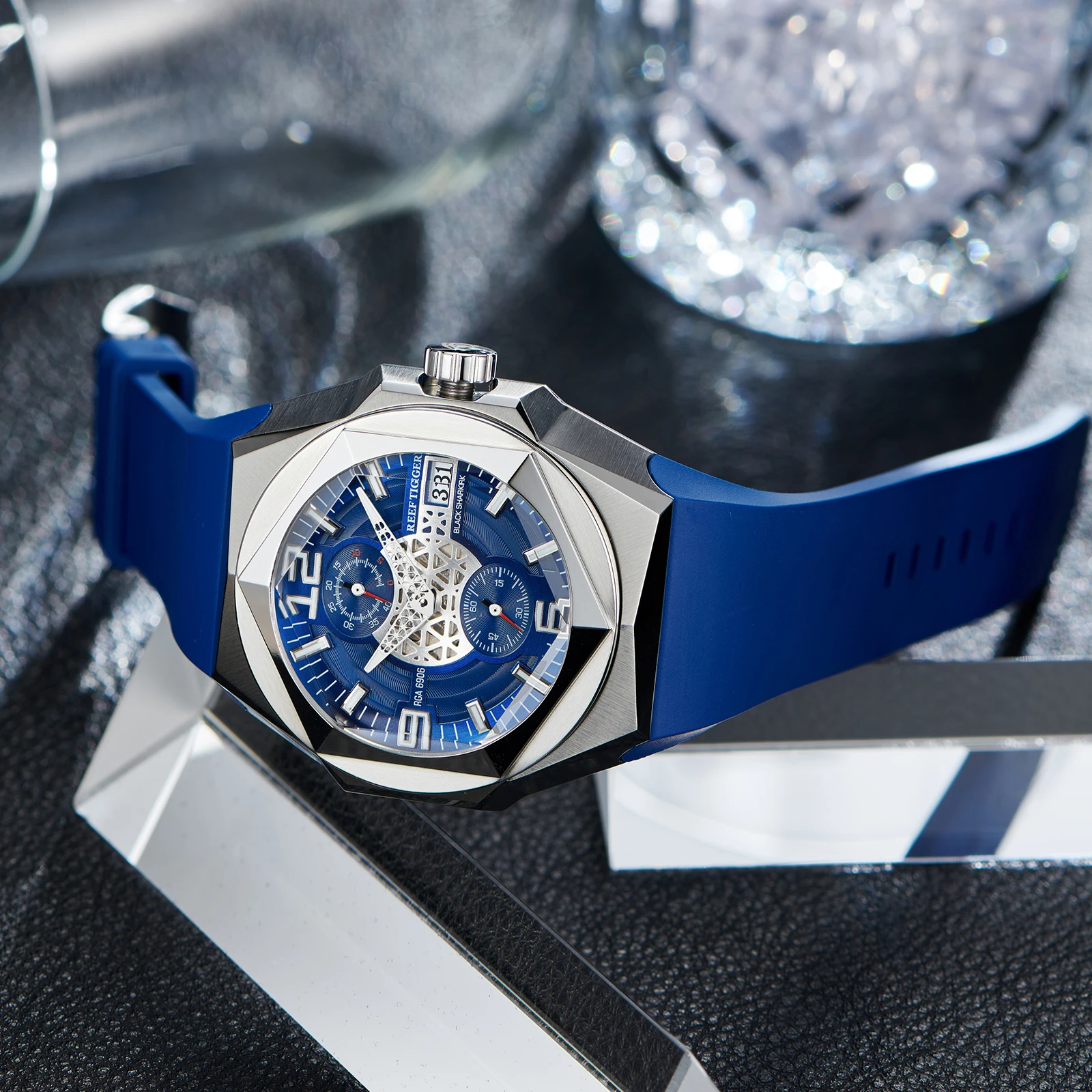 リーフタイガー-メンズ多機能スチールウォッチ、自動、機械式