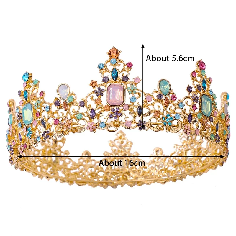 New Baroque Bride Pageant Crown Retro Luxury Bridal Hair Accessories Colorful Round Rhinestone Hair Crown