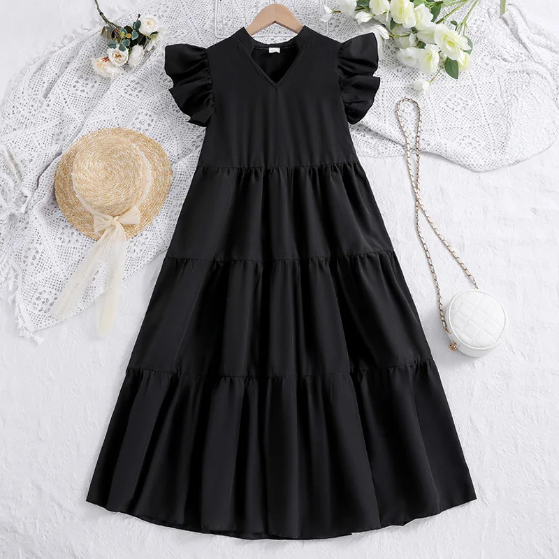 

2024 Summer New Arrival Girls Sleeveless Ruffles Black Designer Cute Party Princess Dress Custume 8-12T