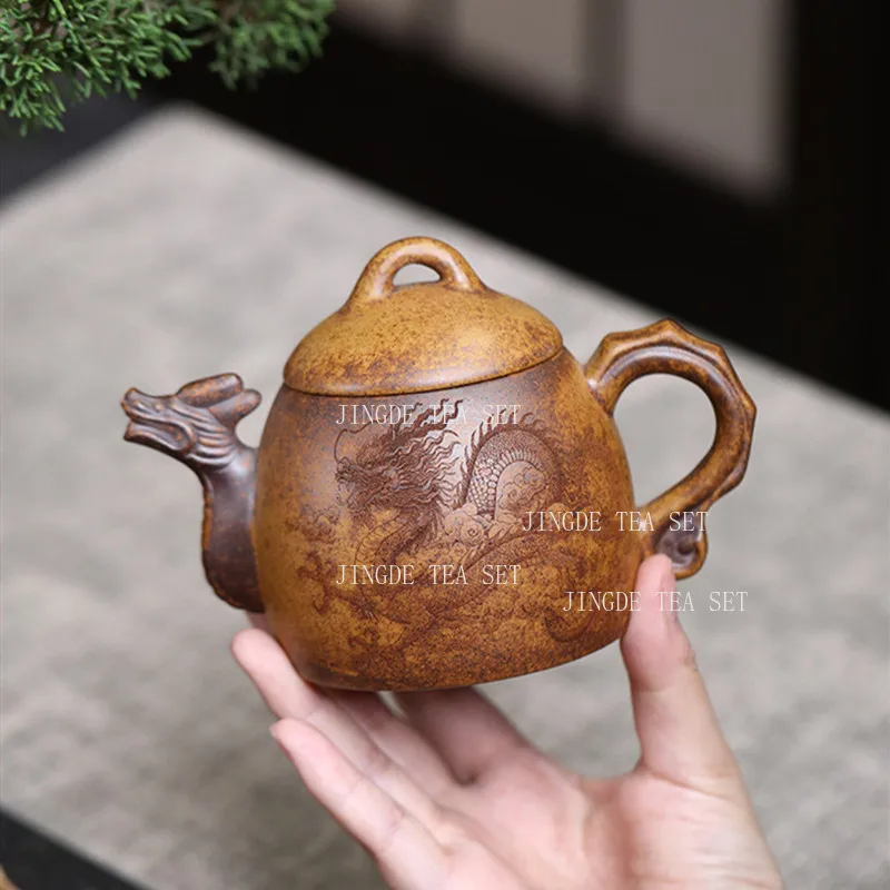 350ml Chinese Yixing Purple Clay Teapots Household Large Capacity Kettle Handmade Dragon Tiger Pattern Tea Pot Zisha Tea Set
