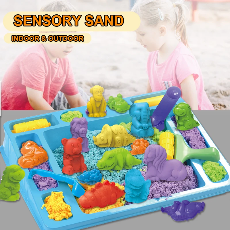 Sensory Sand Bin Toy for Boys Girls Kids, Dinosaurs Animals Molds Play Sand Art Kit, Best Indoor/Outdoor Birthday Christmas Gift 2