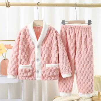 Thickened Warm Children Sleepwear Winter Flannel Long Sleeves Long Trousers Solid Cardigan Home Wear Padded Cute Plaid Pajamas 2