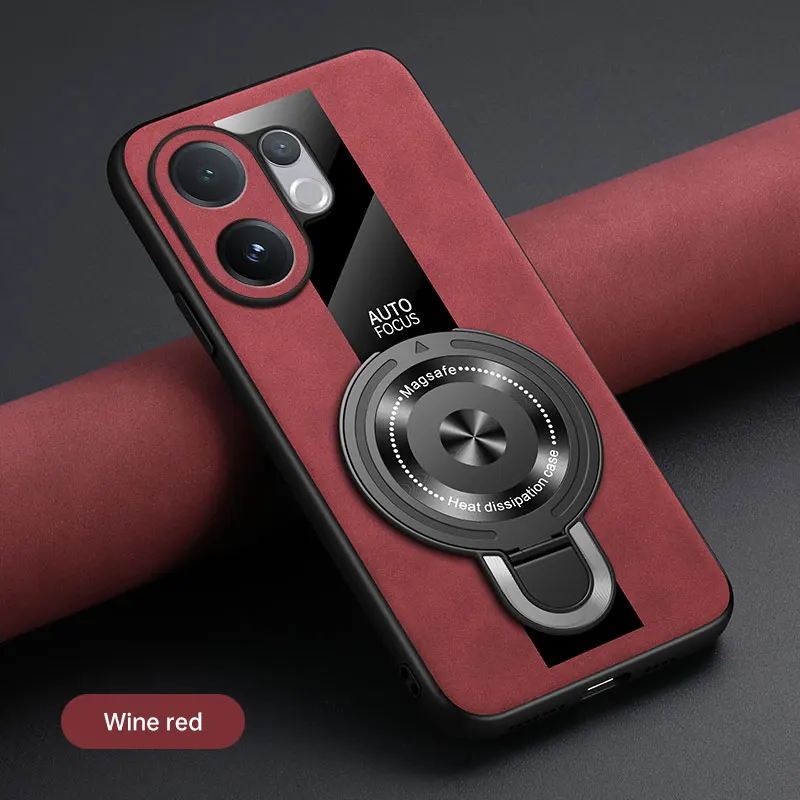 Luxury Shockproof Case with Magnetic Ring Holder and Leather Back Cover