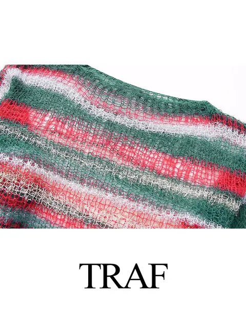 TRAF 2024 New Female Cropped Pullover All Matched Striped Round Neck Long Sleeves Spring Sweet Tops Versatile Y2K Casual Sweater 3
