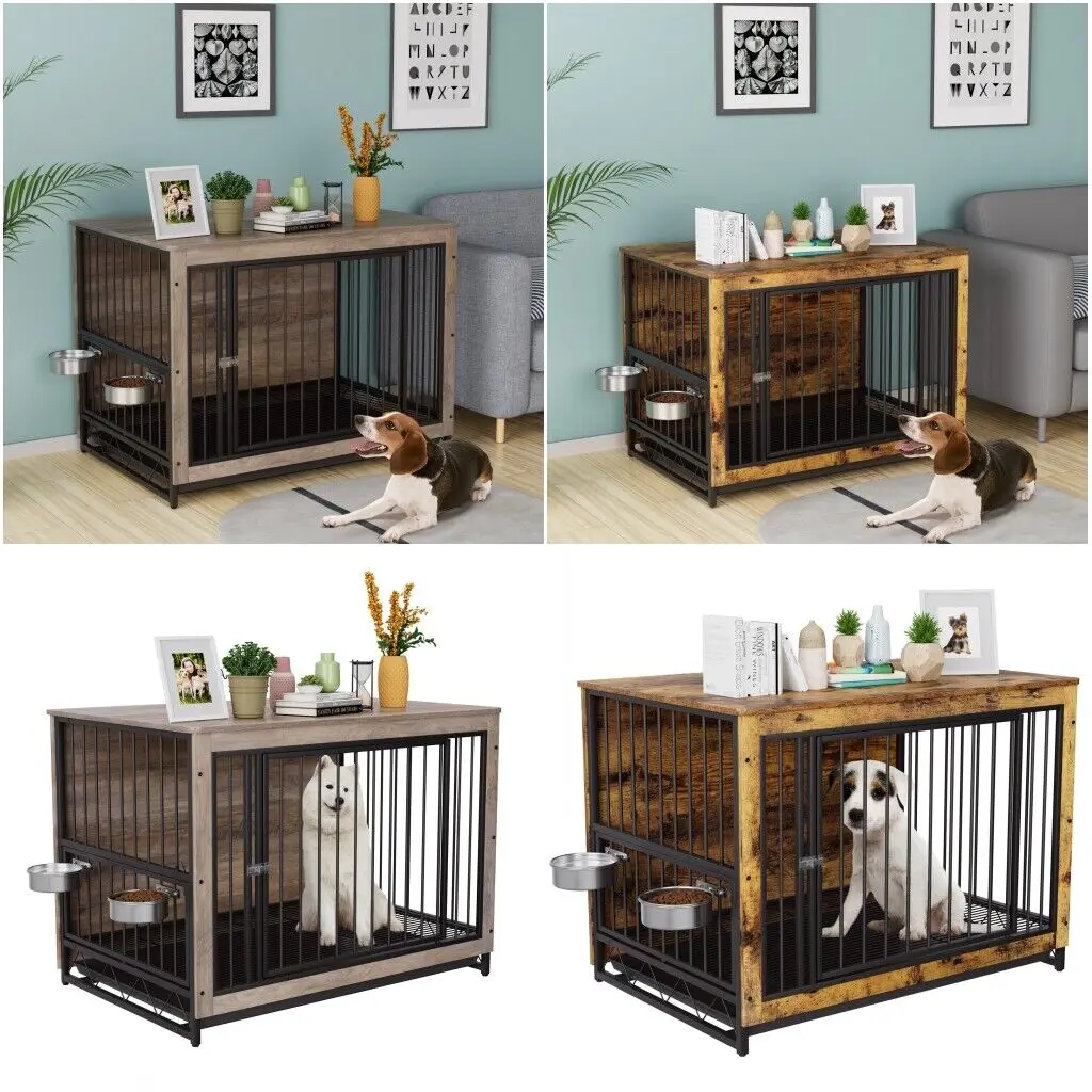 BEURUKU 48" Dog Crate Furniture – Heavy Duty Kennel With Tabletop & 2 Adjustable Bowls, Brown