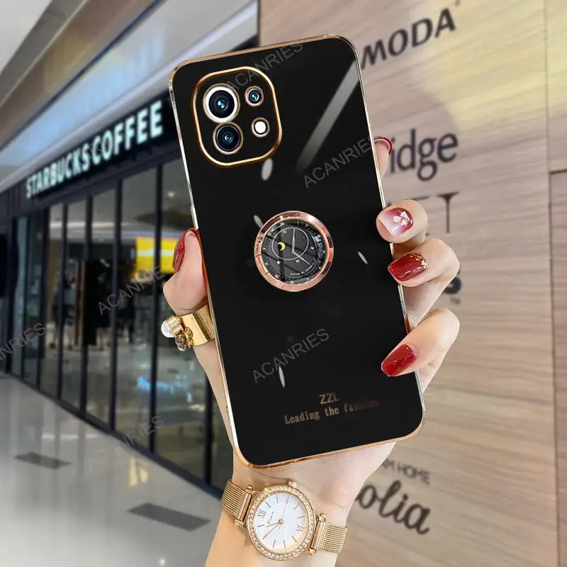 thumbnail image 1 of Luxury Ring Holder Case For Xiaomi Mi 11 Lite 5g Ne 11lite 4g 11t Pro Plating Square Silicone Stand Cover Xiomi Mi11 T Xiaomi11, 1 of 5