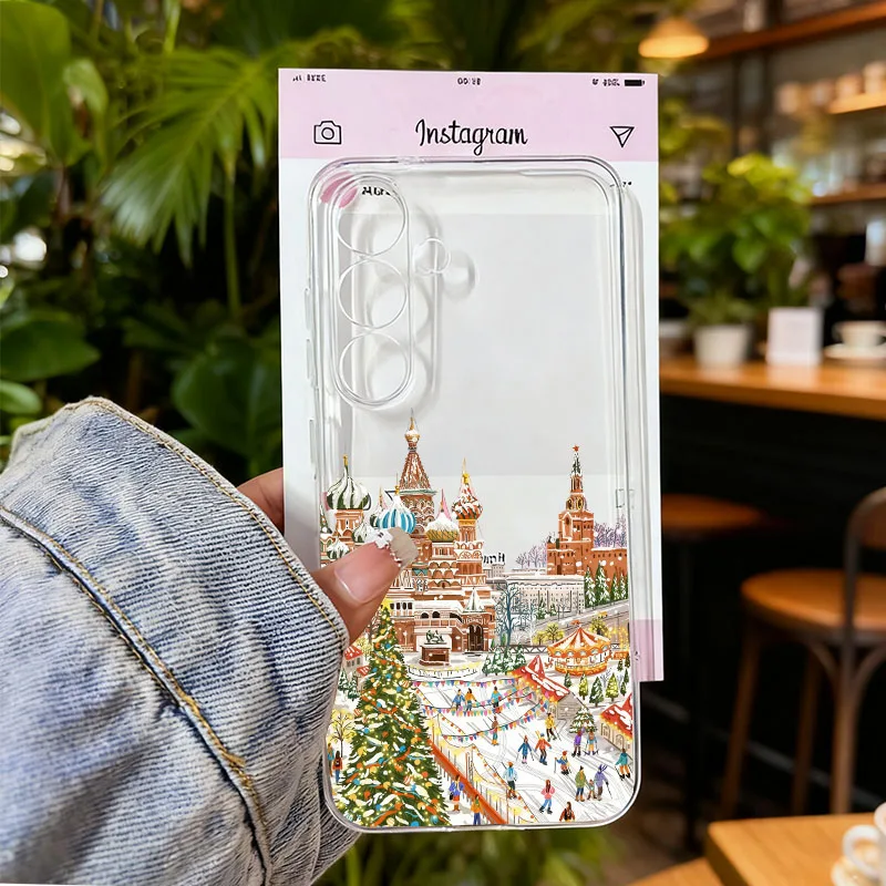 Christmas Winter Snow Scenery Clear Phone Case with London Street Landscape Design