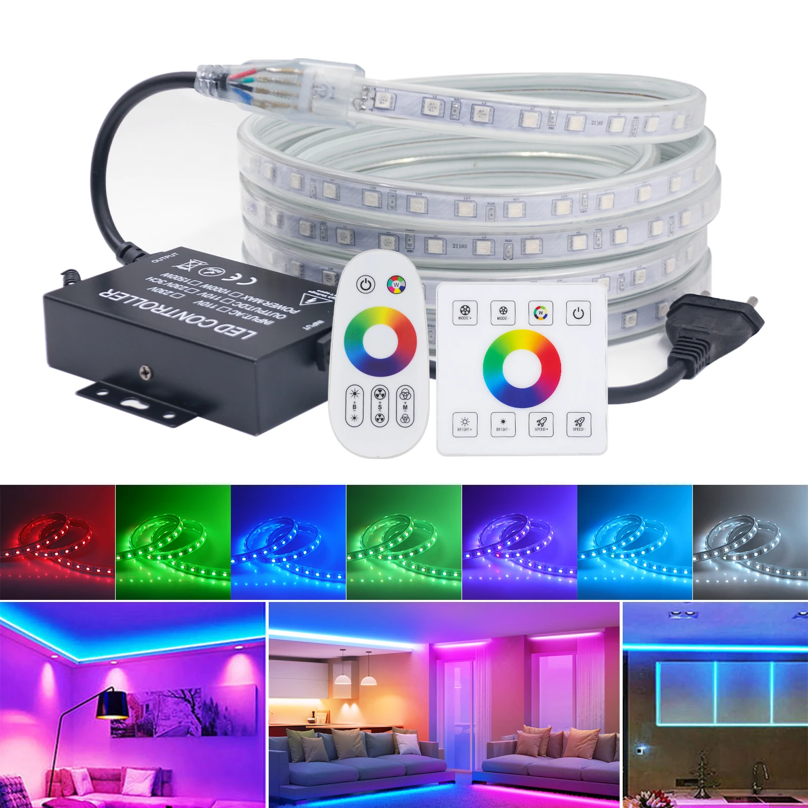Description Picture 2 of item110V 220V RGB LED Strip Light Touch Remote +Panel Controller 5050 60Leds/m Waterproof Ribbon Tape Rope Lamp Home Outdoor Decor