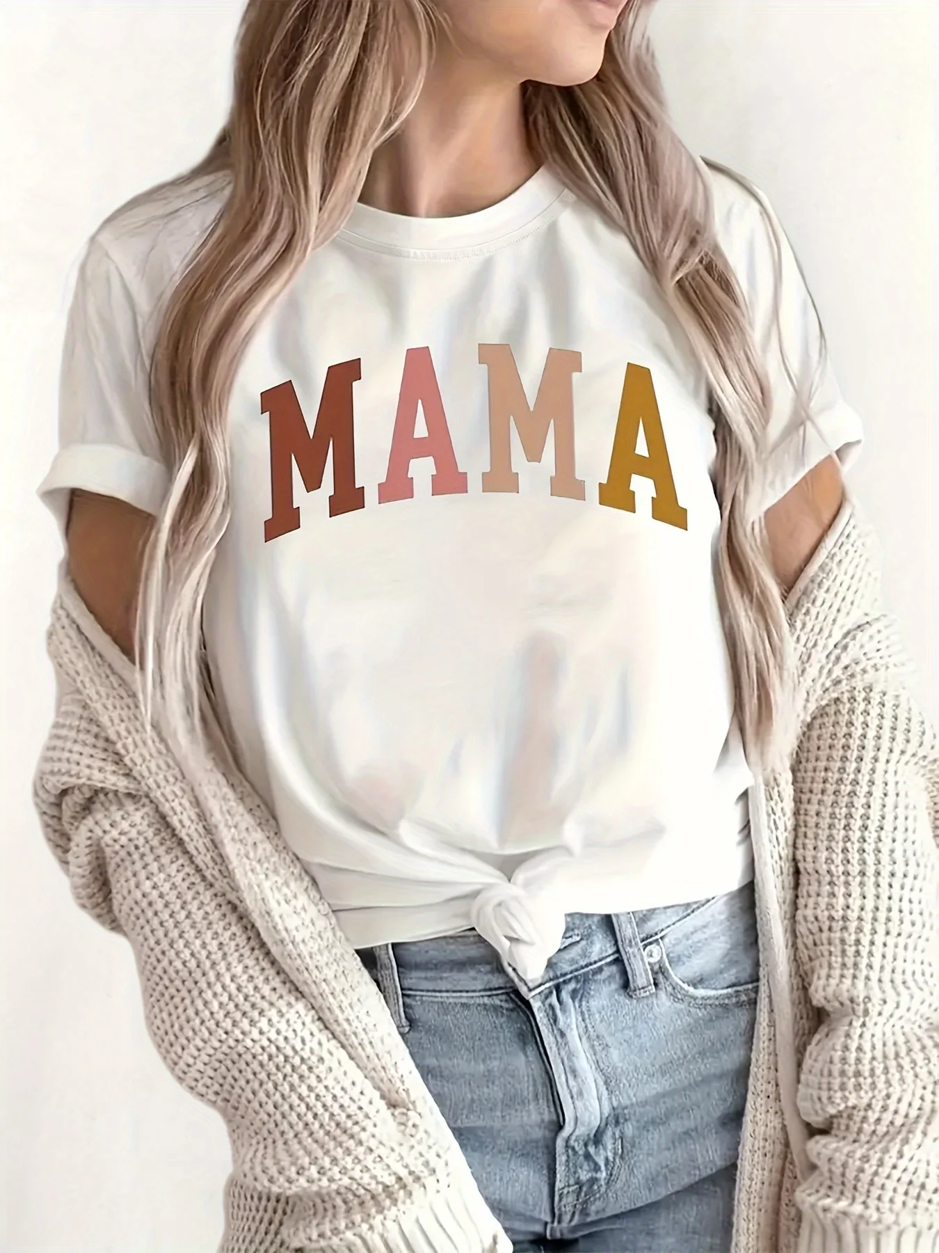 

MAMA Print Crew Neck T-Shirt - Casual Short Sleeve Top for Spring & Summer - Women's Clothing