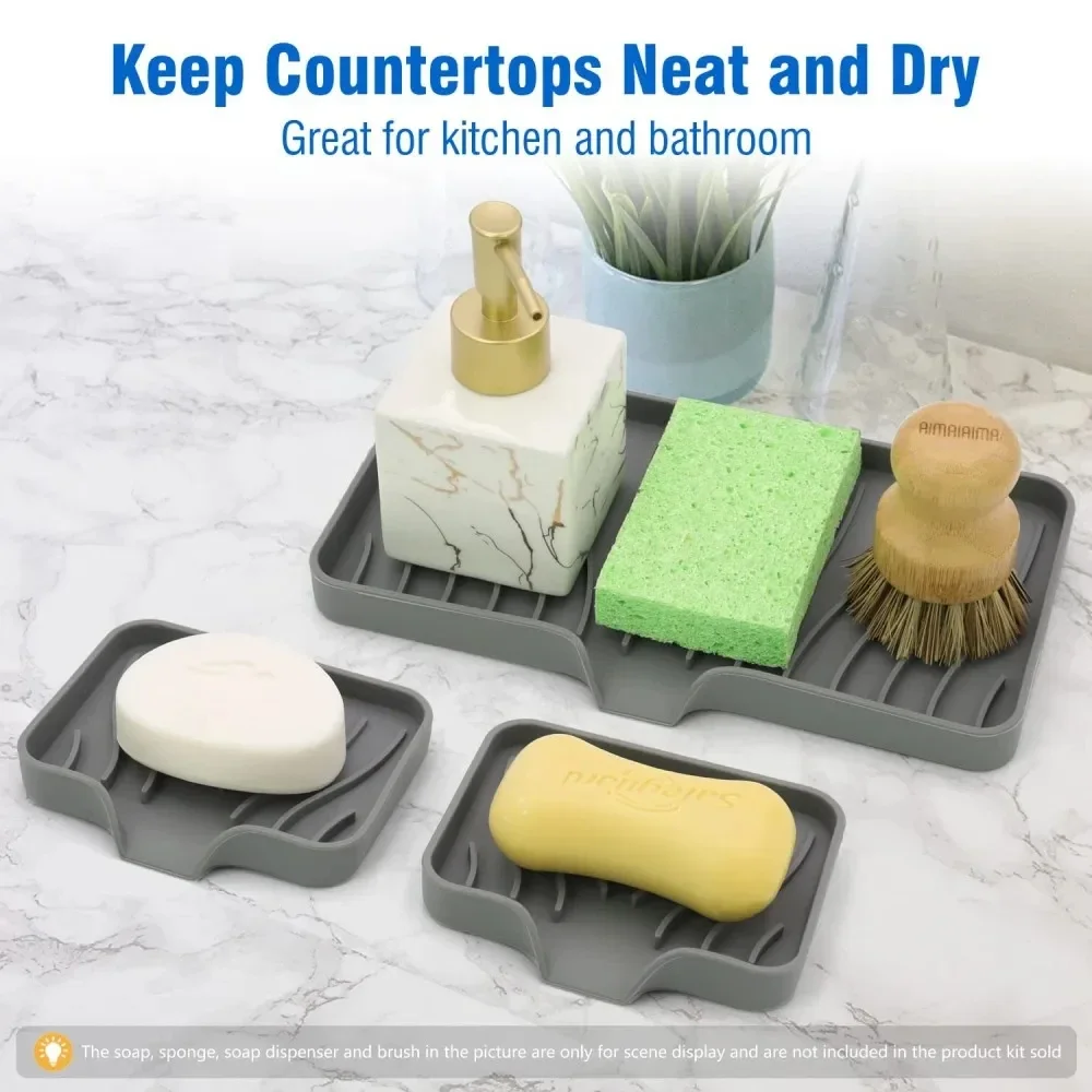Self Draining Soap Bar Holder Silicone Kitchen Sink Soap Dish Sponge Tray Counter Caddy Organizer for Dish Soap Dispenser