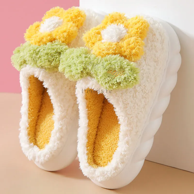 

Furry Winter House Slippers for Women Thick Sole Shoes Mix-Color Flower Woman Bedroom Slippers Warm Plush Indoor Slippers Female