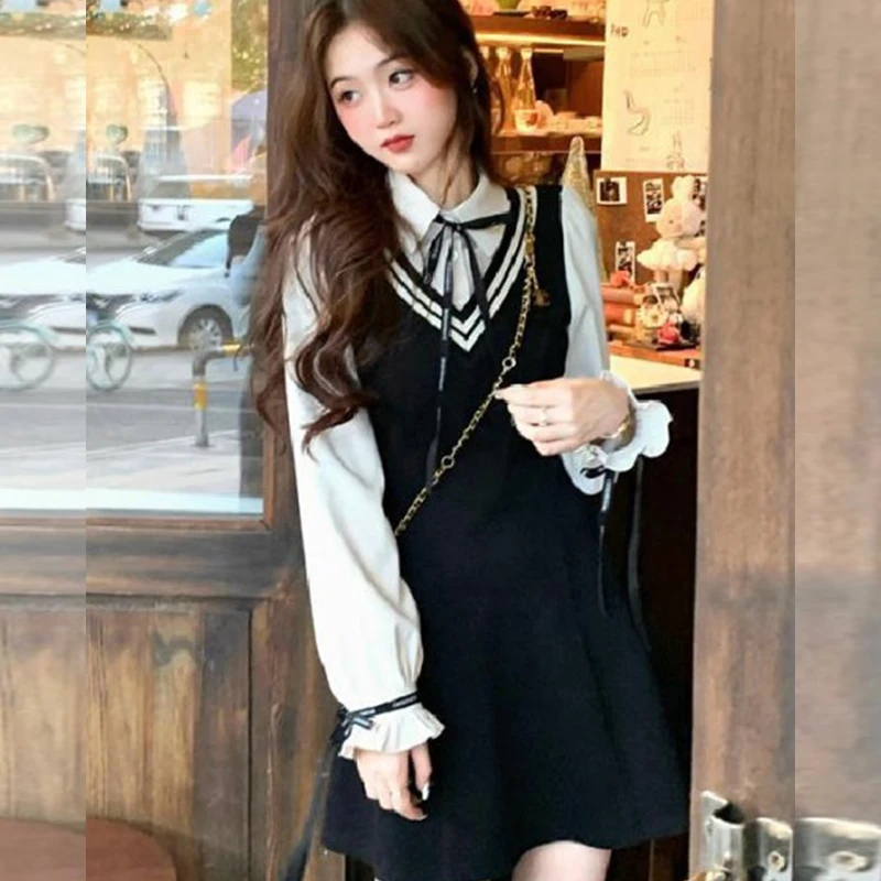 2025 Spring and Autumn New Splicing Shirt Collar Fake Two piece Dress Gentle Slimming Small College Style Long Sleeve Skirt 3