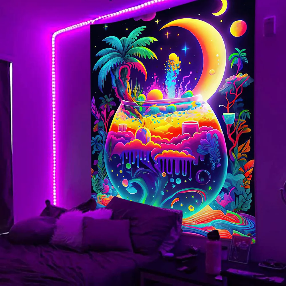 Lumière noire psychédélique plus lente chambre forêt tapisserie UV réactif  lune arbre plantes esthétique mur salle de rencontre décor à la maison -  AliExpress, image size:1000x1000