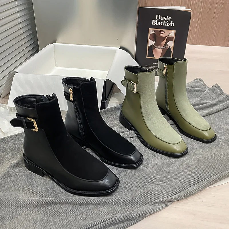 

New Block Women Short Boots Mixed Colors Square Toe Ankle Strap Green Metal Clasp Boots Free Shipping Botas De Hombre